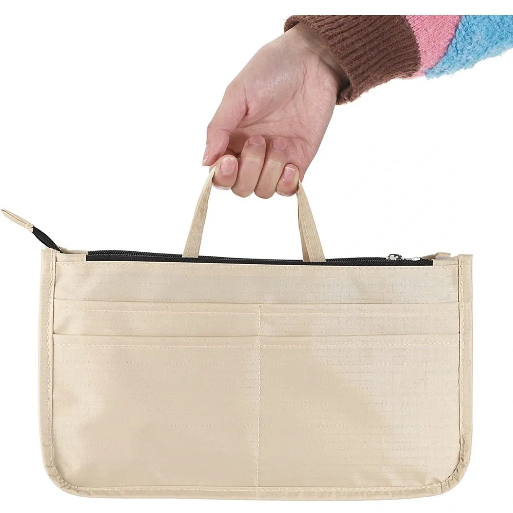 Tan bag insert Organizer with Structured Design and Handle for totes and purses